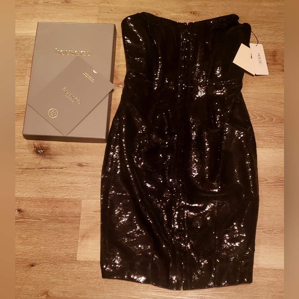 HOUSE OF CB Black Sequin mini/mid thigh eye~hook corset style dress NWT